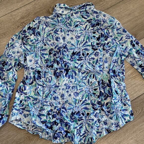 Lilly Pulitzer Top Blouse Womens XL Blue Floral Long Sleeve Flowy Rayon Colorful - Picture 5 of 5